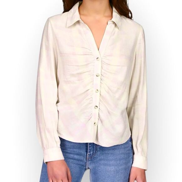 SANCTUARY CLOTHING NWT WOMENS‎ WHISPER PLAID RUCHED BOYFRIEND SHIRT- size XS - Picture 1 of 11